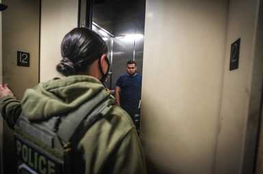 Immigrant in elevator after being arrested by ICE agents in Lower Manhattan court